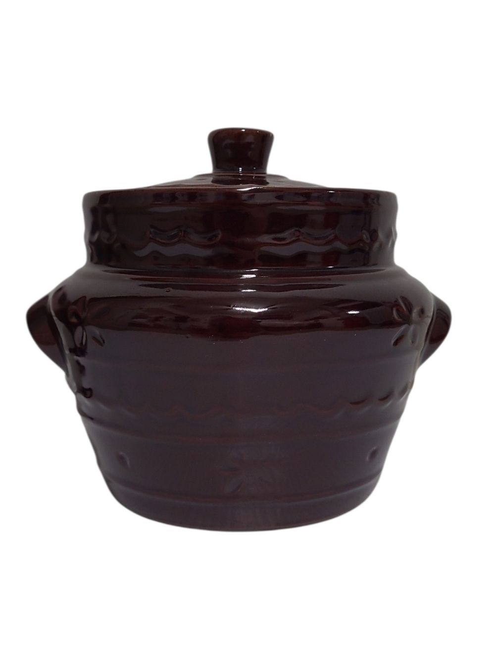 60's MARCREST Stoneware Daisy Dot Brown Glaze Bean Pot Crock Jar with Lid